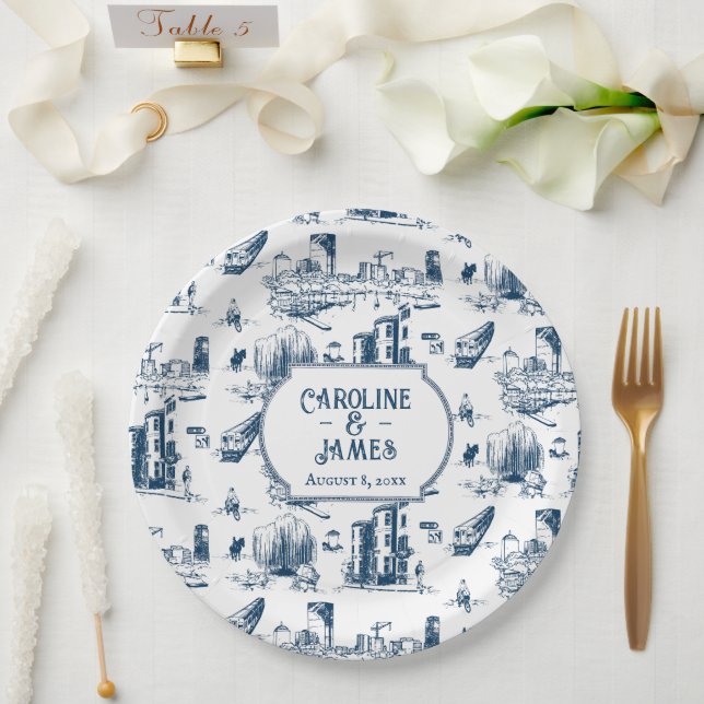Boston Toile Navy Personalised Wedding Paper Plate (Wedding)