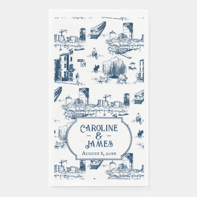 Boston Toile Navy Personalised Wedding Paper Towel Napkin (Front)