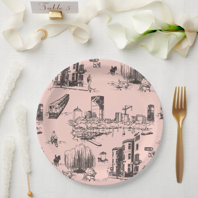 Boston Toile Pink and Black Paper Plate (Wedding)