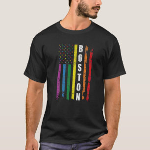 Boston Us American Flag Rainbow Gay Lgbt Pride Mon T-Shirt