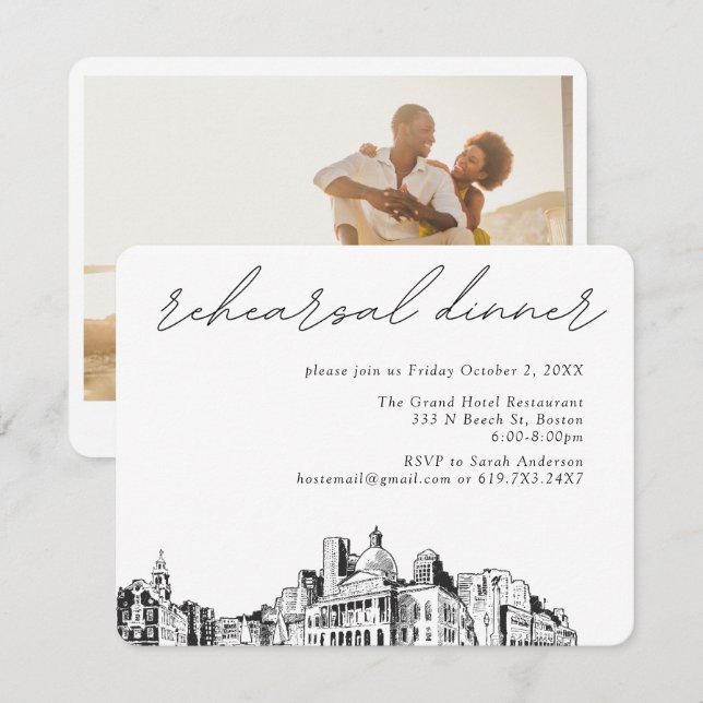 Boston Wedding Elegant Sketch Rehearsal Dinner Enclosure Card (Front/Back)