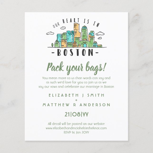 BOSTON Wedding Handdrawn Skyline Modern Invitation (Front)
