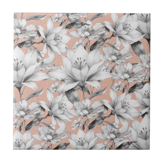  Botanic black white rose gold glitter flowers Ceramic Tile (Front)