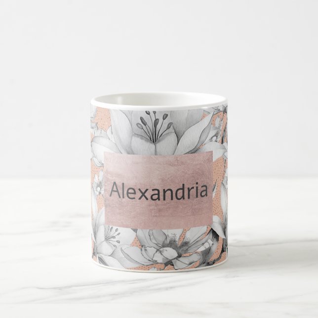 Botanic black white rose gold glitter flowers coffee mug (Center)