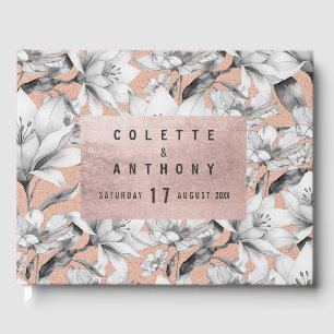 Botanic black white rose gold glitter flowers guest book