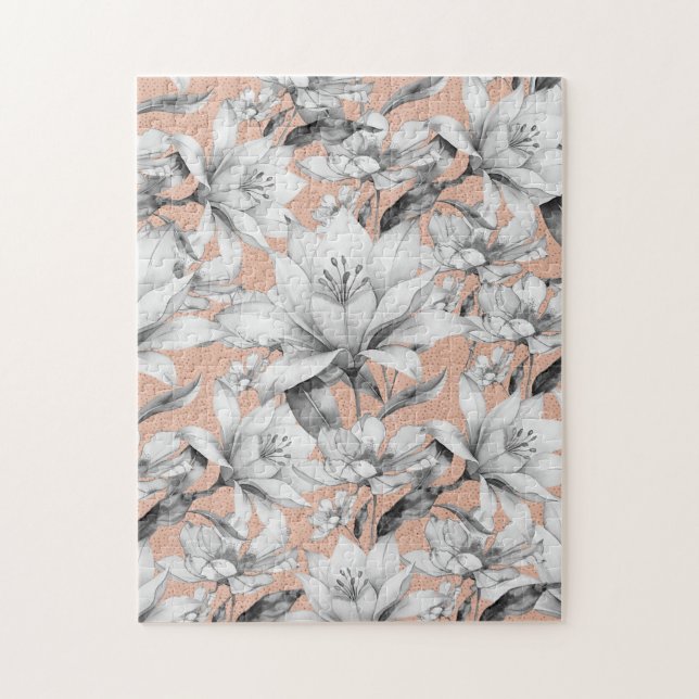Botanic black white rose gold glitter flowers jigsaw puzzle (Vertical)