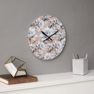 Botanic black white rose gold glitter flowers large clock