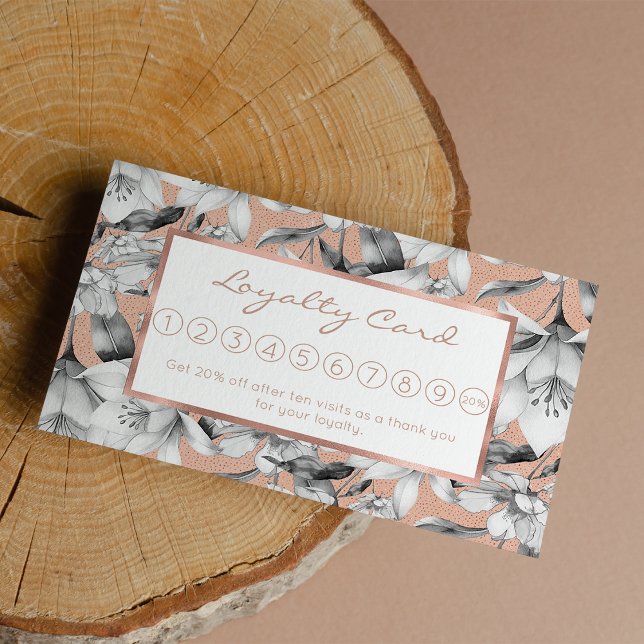 Botanic black white rose gold glitter flowers loyalty card (Botanic black white rose gold glitter flowers loyalty)