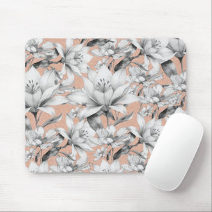 Botanic black white rose gold glitter flowers mouse pad