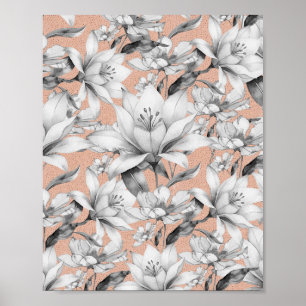 Botanic black white rose gold glitter flowers poster