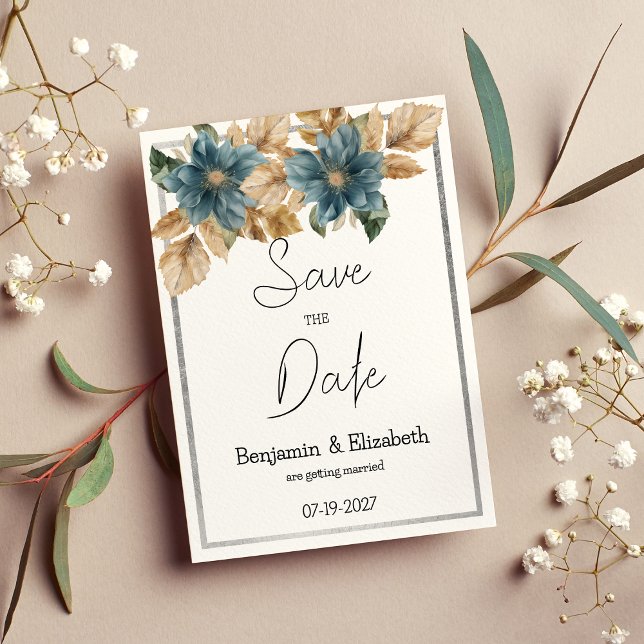 Botanic blue brown silver floral Save the Date  Invitation (Botanic blue brown silver floral Save the Date )