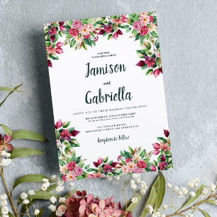 Botanic burgundy pink green floral country Wedding Invitation