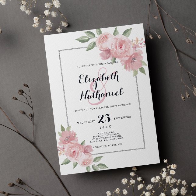 Botanic coral pink green floral ampersand wedding  invitation (Botanic coral pink green floral ampersand wedding)