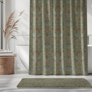 Botanic Damask Duck Egg Blue Bronze Beige Shower Curtain