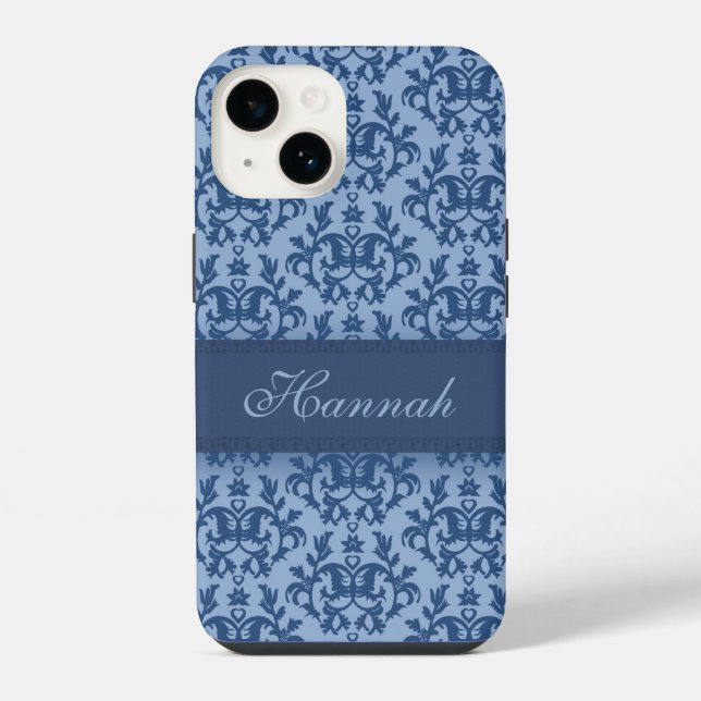Botanic damask powder blue custom name iPhone case (Back)