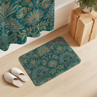 Botanic Damask Teal Blue Orange Green Bath Mat