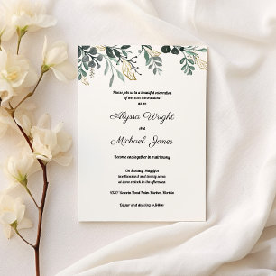 Botanic dark green gold leaves country Wedding Invitation