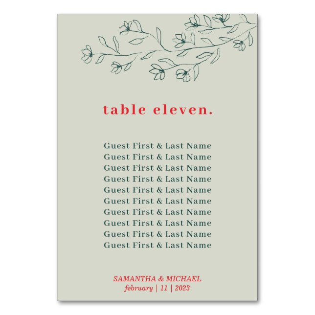Botanic Floral Green Red Boho guest names seating Table Number (Front)