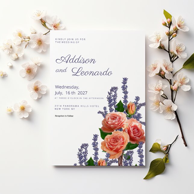 Botanic lavender peach rose flowers wedding invitation (Botanic lavender peach rose flowers wedding)