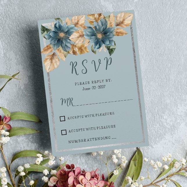 Botanic mauve blue brown silver floral RSVP  Invitation (Botanic mauve blue brown silver floral RSVP)