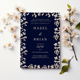 Botanic navy blue ivory gypsophila floral Wedding Invitation