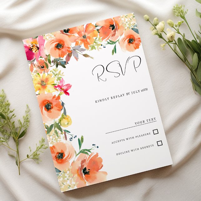 Botanic orange yellow pink summer floral RSVP Invitation (Botanic orange yellow pink summer floral RSVP)