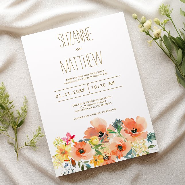 Botanic orange yellow pink summer floral Wedding Invitation (Botanic orange yellow pink summer floral Wedding)