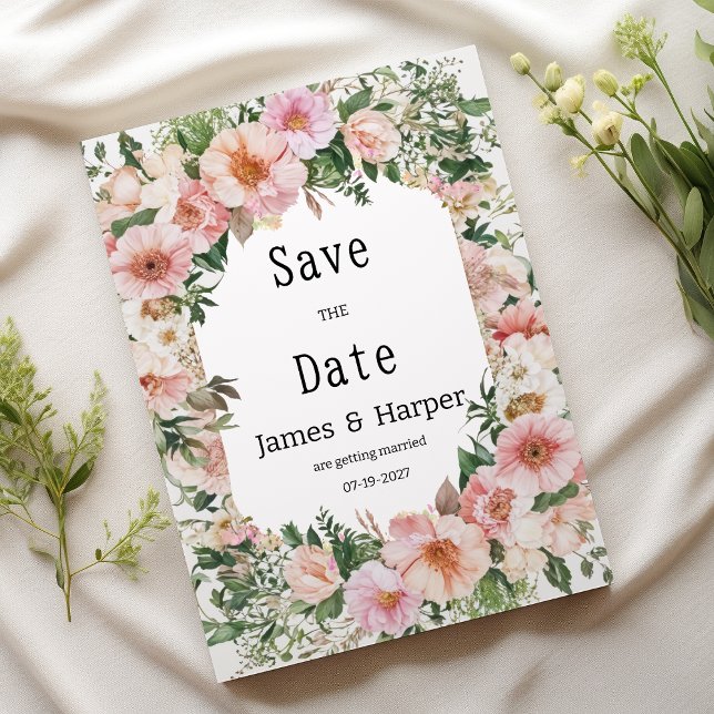 Botanic pink blossom summer floral Save the Date  Invitation (Botanic pink blossom summer floral Save the Date)