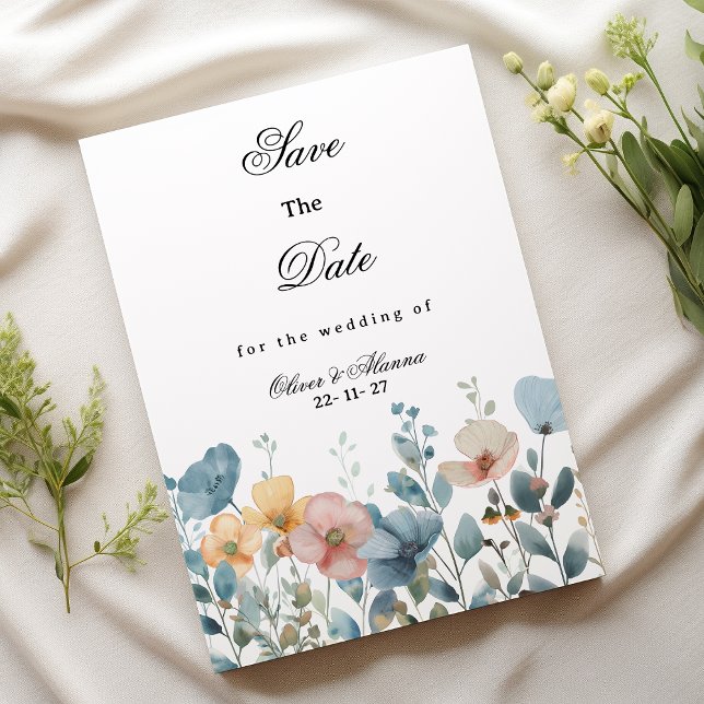 Botanic pink blue wildflowers Save The Date Invitation (Botanic pink blue wildflowers Save The Date)