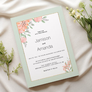 Botanic pink coral mint spring floral Wedding Invitation