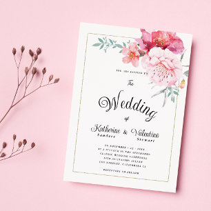Botanic pink mint formal script floral wedding invitation