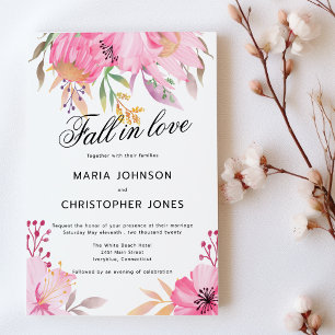 Botanic pink orange flowers Fall in Love Wedding Invitation