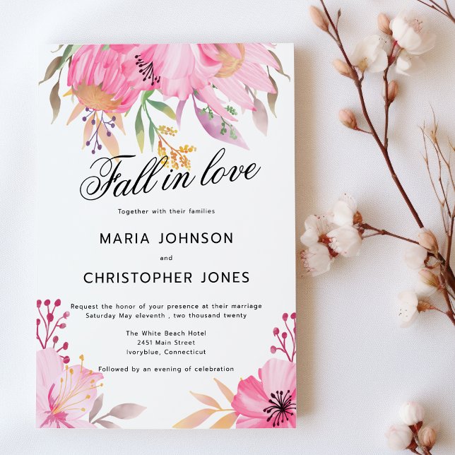 Botanic pink orange flowers Fall in Love Wedding  Invitation (Botanic pink orange flowers Fall in Love Wedding )