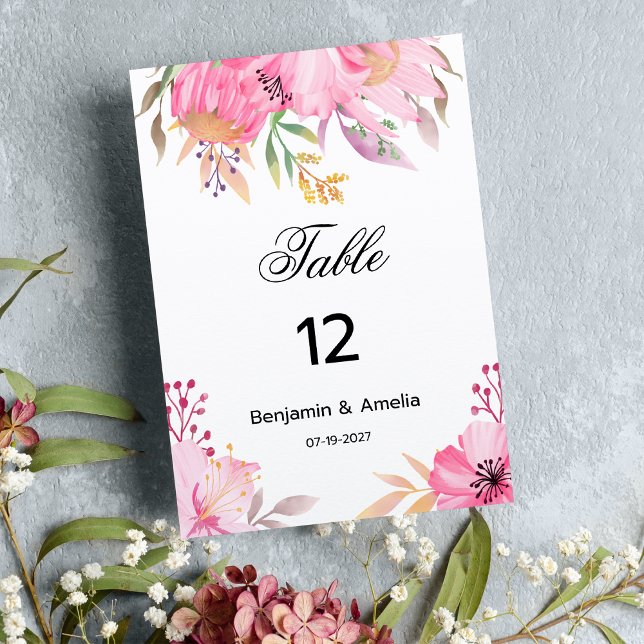 Botanic pink watercolor flowers Table Numbers  (Botanic pink watercolor flowers Table Numbers)
