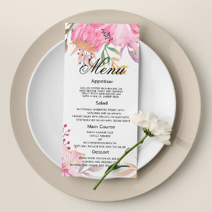 Botanic pink watercolor flowers Wedding Menu