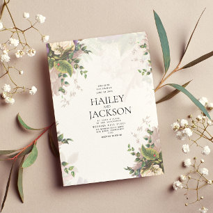 Botanic purple green white ivory floral wedding invitation