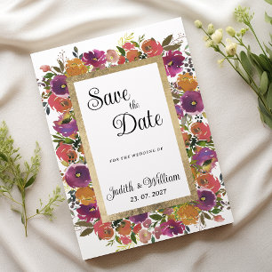 Botanic purple orange pink floral Save the Date Invitation