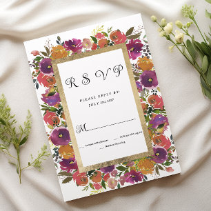 Botanic purple orange pink gold floral RSVP Invitation