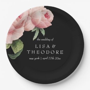 Botanica   Pink Black vintage flower Wedding Paper Plate
