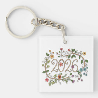 Botanical 2026 Typography with Flowering Vines Key Ring