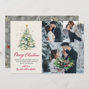 Botanical 3 Couple Photo Christmas Tree Holiday Card