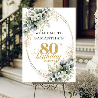 Botanical 80th Greenery Gold Birthday Sign