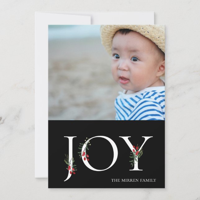 Botanical Adorned Joy Flat Holiday Photo Card (Front)