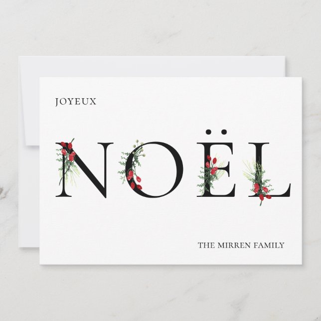 Botanical Adorned NOEL Flat Holiday Card (Front)