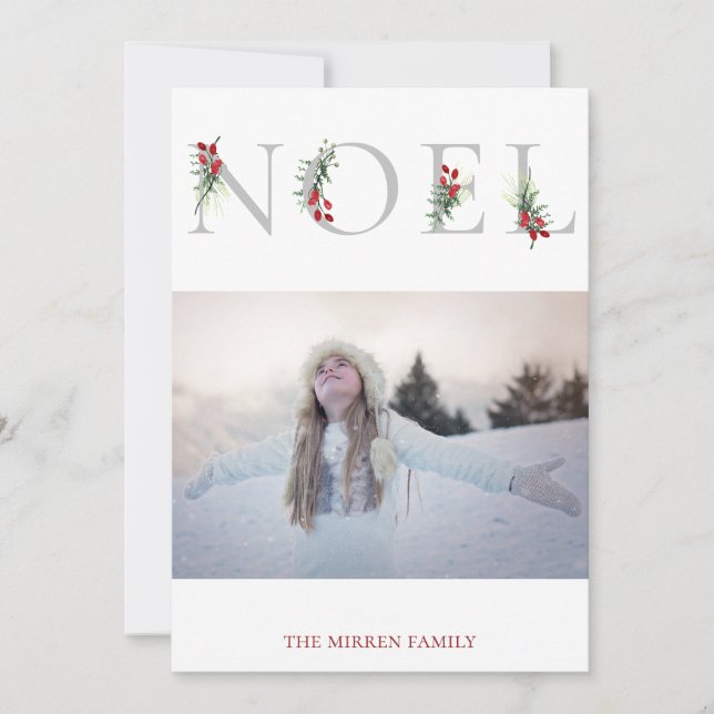 Botanical Adorned NOEL Flat Holiday Photo Card (Front)