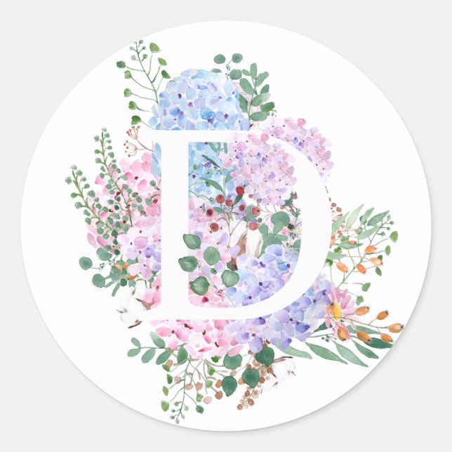 Botanical alphabet D hydrangea flowers  Classic Round Sticker (Front)