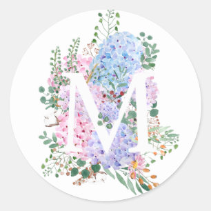 Botanical alphabet M hydrangea flowers  Classic Round Sticker