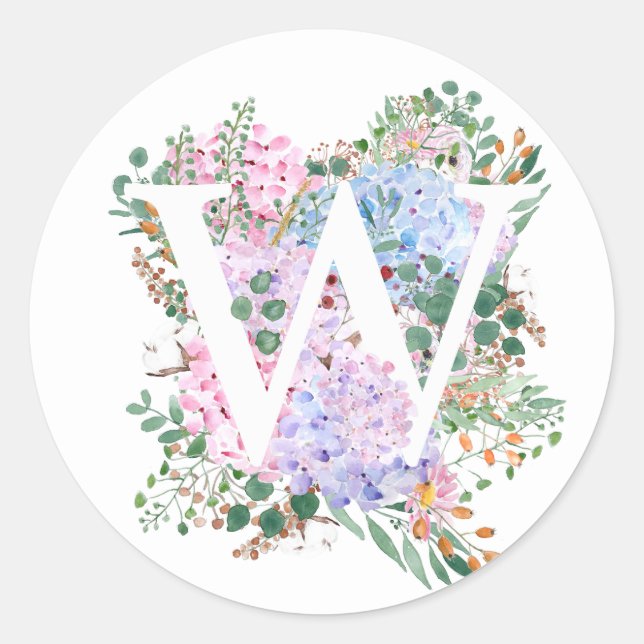 Botanical alphabet W hydrangea flowers  Classic Round Sticker (Front)