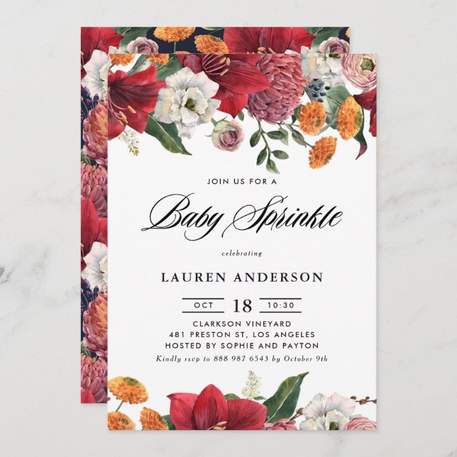 Botanical Amaryllis and Mums Floral Baby Sprinkle Invitation (Front/Back)
