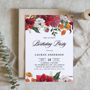 Botanical Amaryllis and Mums Floral Birthday Invitation